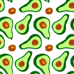 Vector avocado pattern seamless. Avocados pattern for oil label. Avocado decoration. Vegetarian background. Fabric decor. Avocados backdrop. Ornament with drawings of vegetables. Green vegan wallpaper