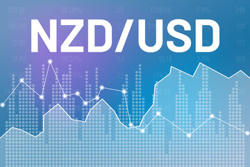 Graph currency pair NZD, USD on blue finance background from columns, lines, number
