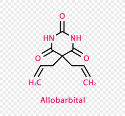 Allobarbital chemical formula. Allobarbital structural chemical formula isolated on transparent background.