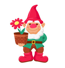 Garden dwarf or gnome with flower pot. Cute fairytale character for landscape design. Vector flat hand drawn Illustration isolated on white background