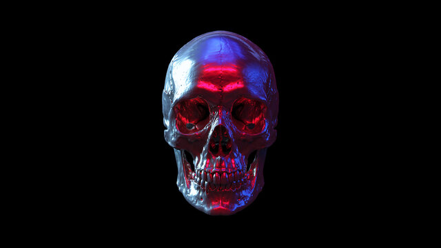 Skull Human Silver Reflection Blue Pink White Light Sci Fi Halloween Skeleton Jaw 3d illustration render	
