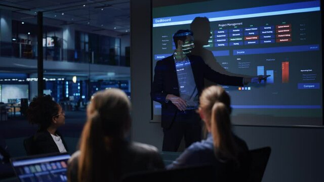 Conference Business Meeting Presentation: CEO Businessman Shows Data to Group of Investors, Businessspeople. Projector Screen Shows Graphs, Product Sales, Revenue Growth Strategy, e-Commerce Analysis