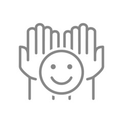 Hands holds happy face line icon. Share a good mood, emotions of satisfaction symbol