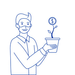 Young man in mask holds pot with plant with dollar coin. Blue linear silhouette on white. Concept of dealing with the economic crisis, small business, savings, investment, finance