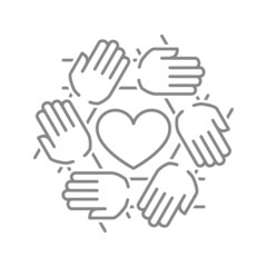 Heart with circle of hands line icon. Donation, solidarity, unity symbol