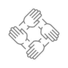 Four united hands line icon. Togetherness, cooperation, team work symbol