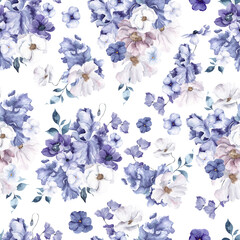 Seamless pattern with very peri flowers, watercolor floral composition, isolated on white background