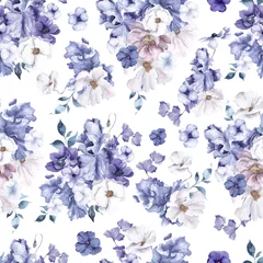 Fototapete Very peri Nahtloses Muster mit sehr peri Blumen, Aquarellblumenzusammensetzung, lokalisiert auf weißem Hintergrund