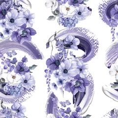 Fototapete Very peri Nahtloses Muster mit sehr peri Blumen, Blumenzusammensetzung des Aquarells, lokalisiert auf weißem Hintergrund