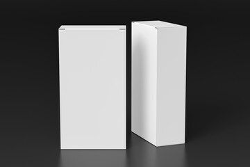 Gift box mock up: two tall and wide white boxes on black background.  View above.