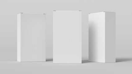 Gift box mock up: three flat, tall and wide white boxes on white background. Front view.