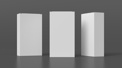 Gift box mock up: three flat, tall and wide white boxes on gray background. Front view.