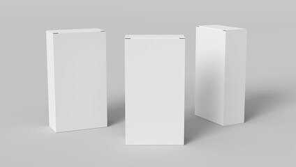 Gift box mock up: three flat, tall and wide white boxes on white background. View above.