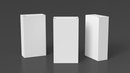 Gift box mock up: three flat, tall and wide white boxes on gray background. View above.