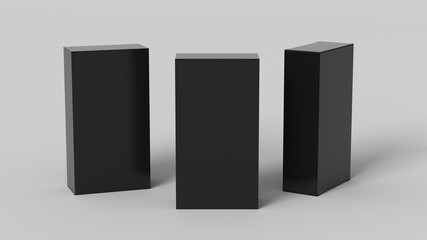 Gift box mock up: three flat, tall and wide black boxes on BBB background. View above.
