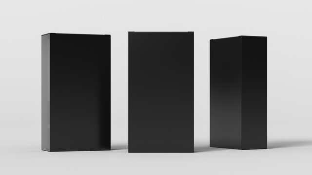 Gift box mock up: three flat, tall and wide black boxes on BBB background. Front view.