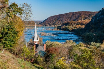 View From Jefferson Rock on a Beautiful Autumn Day, Harpers Ferry, West Virginia, USA - obrazy, fototapety, plakaty