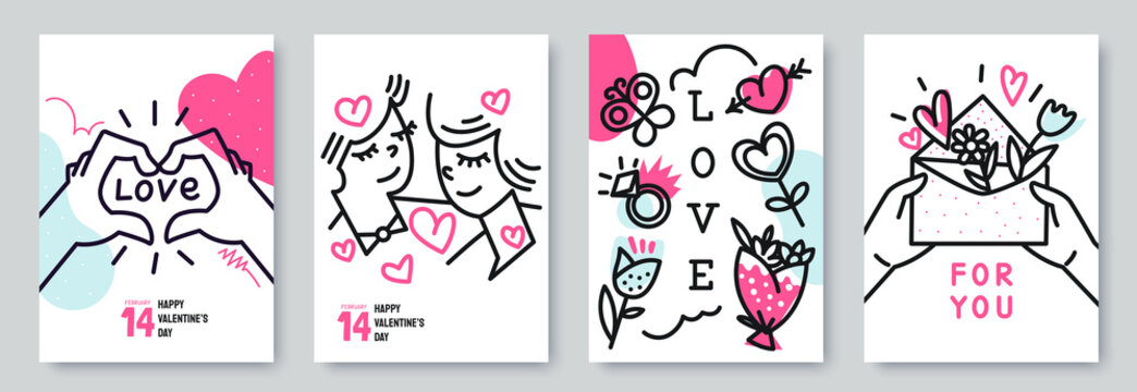 Valentines day posters collection in doodle style. Creative greeting cards for February 14. Love illustration set with symbols and characters. Ideal for flyers, invitation, brochure, banner, postcard