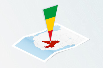 Isometric paper map of Mali with triangular flag of Mali in isometric style. Map on topographic background.