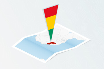 Isometric paper map of Guinea with triangular flag of Guinea in isometric style. Map on topographic background.