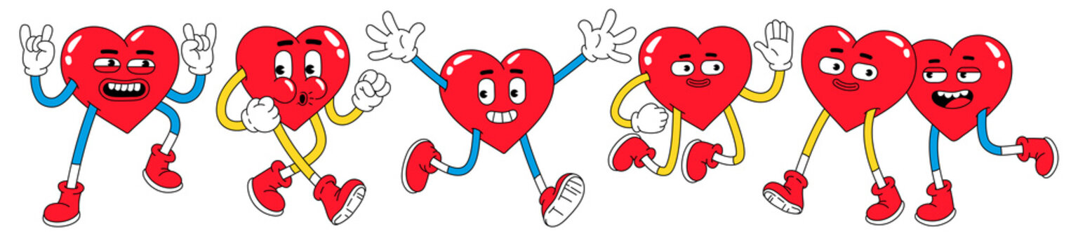 Hearts funny cartoon characters. Valentines day vector illustrations in trendy retro cartoon style. Love concept.
