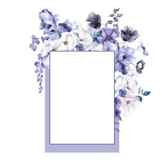 Watercolor frame with flowers and leaves in very peri color, isolated on white background