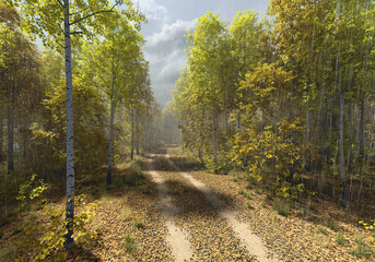 Dirt road with tire tracks in an autumn forest on a rainy and sunny day. 3D render.