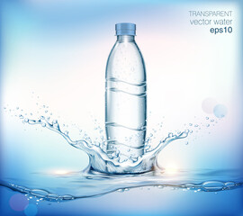 Transparent realistic vector mineral water plastic bottle for your advertising with water splash and drops. Blue background  - obrazy, fototapety, plakaty