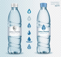 Transparent vector mineral water plastic bottle for your advertising with collection of icons for your logo. Realistic isolated vector illustration 