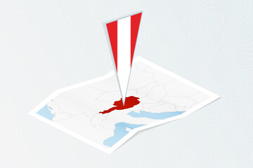 Isometric paper map of Austria with triangular flag of Austria in isometric style. Map on topographic background.