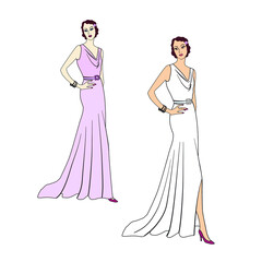 Stylish fashion dressed woman 1930s 1950s style. Retro cocktail fashion dress party. Vintage woman fashion silhouette from 30s. Flapper girl, posing in an elegant retro dress.