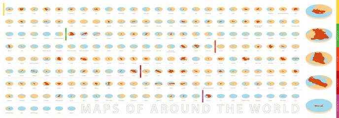 Set of orange round map in isometric style, maps of around the world.