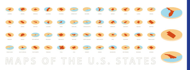 Set of orange round map in isometric style, maps of the states of the United States.