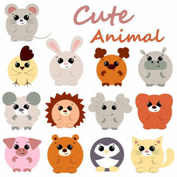 Set cute cartoon round animals. Draw illustration in color