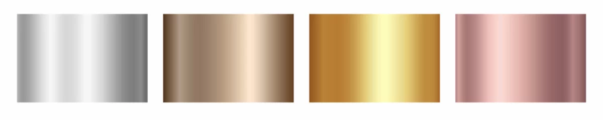 Fotobehang Gold rose, silver, bronze and golden foil texture gradation background set. Vector shiny metalic gradients for border, frame, ribbon, label design © Kindlena