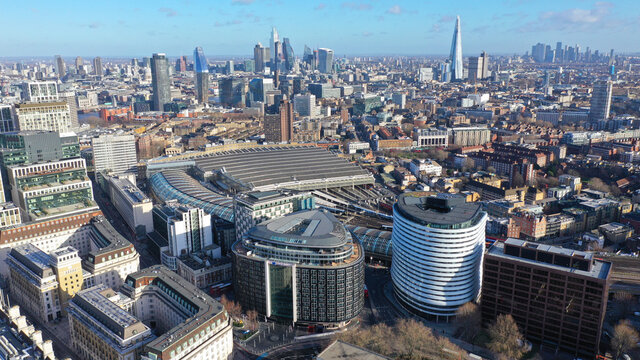 Aerial drone photo of famous Waterloo Terminal train station in the heart of London, United Kingdom