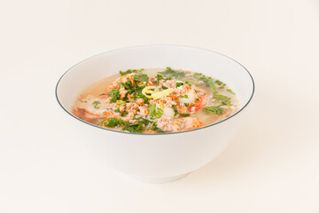 Nam Vang noodles soup, Vietnamese food isolated on white background, perspective view