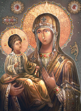 Digital illustration icon of Virgin Mary with Jesus Christ