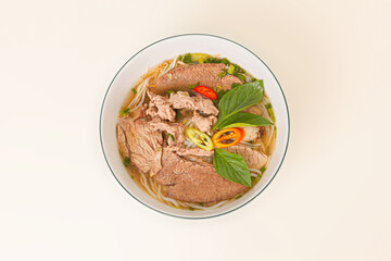 Pho, Vietnamese rice noodles soup, Vietnamese food isolated on white background, top view