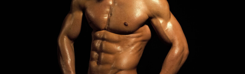 Coach sportsman with bare chest, shower. Mens heals body care. Banner templates with muscular man, muscular torso, six pack abs muscle. Muscle body of strong man.