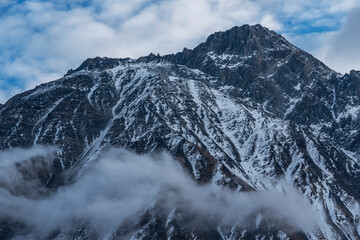 Beautiful winter mountains landscape. High snow covered mountains. Georgia,  Kazbegi.
