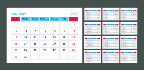 calendar set 2022. flat, simple calendar template with twelve months on dark gray background. week starts  on sunday