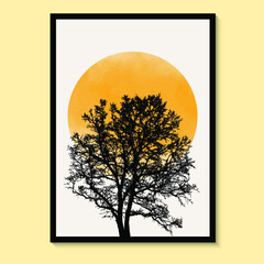 Abstract Tree, Sun Yellow Art  Watercolor Wall Painting Posters and Prints Nordic Murals Vector art print.