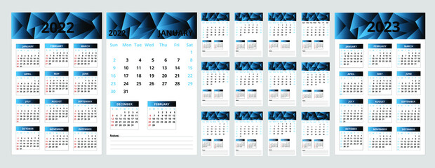 calendar set 2022. 2023 simple wall calendar. template, planner, design poster. week starts sunday