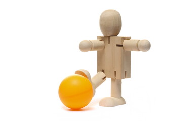 Wooden man figure, doll and ball isolated on white   