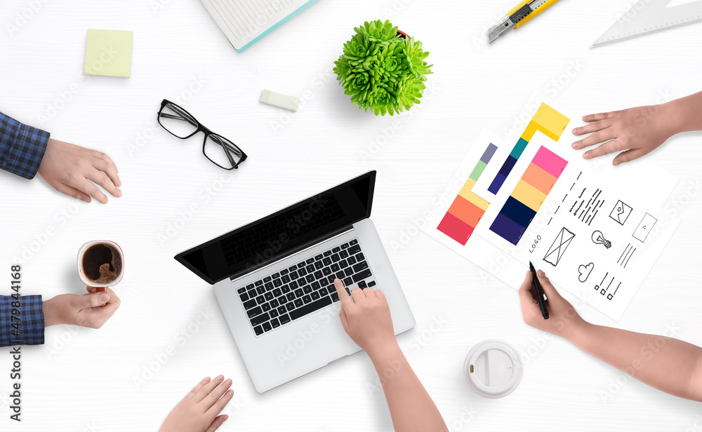 Poster creative web design studio concept. work meeting. top view, flat lay work desk.
