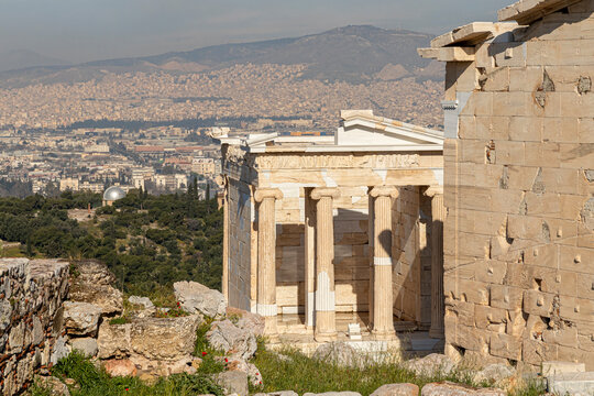 Athens, Greece. The Temple of Athena Nike, an Ionic temple on the Acropolis dedicated to the goddesses Athena and Nike