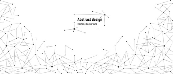 Geometric halftone abstract background. Monochrome design connected lines and points. Structure molecule. Texture chaotic grid. Technology poster. Constellations. Vector illustration