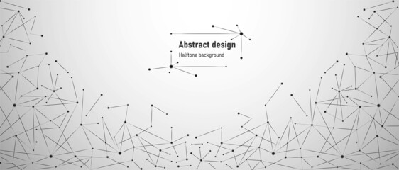 Geometric halftone abstract background. Monochrome design connected lines and points. Structure molecule. Texture chaotic grid. Technology poster. Constellations. Vector illustration