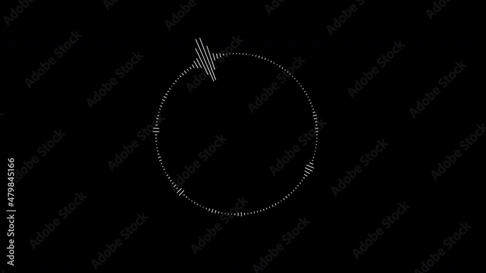 Poster Animated white sound spectrum with bands in a circle on a black background. Animated round equalizer. Sound animation. Visualization of a sound graphic element. 4k.